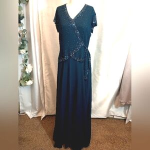 JKara long beaded Dress, blue, short sleeves Tie on the side, V-Neck, Sparkles,6